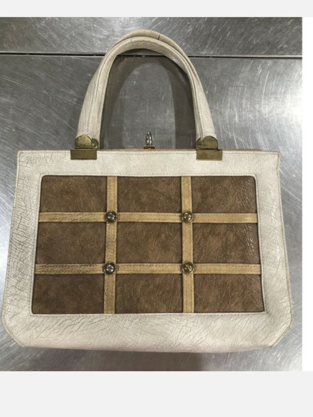 Vintage Bernie of Calufornia, Classic Two-Tone Satchel Bag in White and Brown
